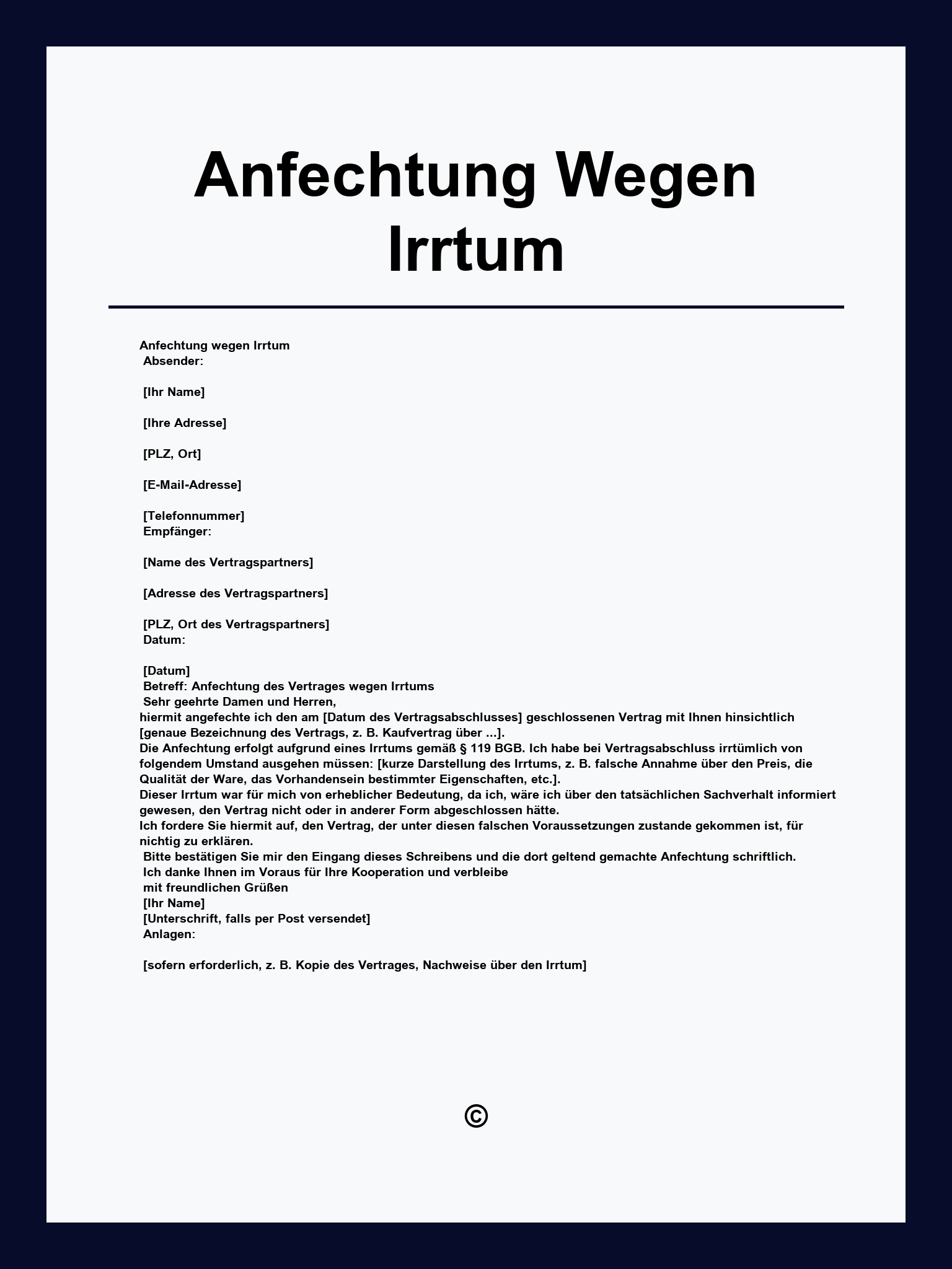 Muster Anfechtung Wegen Irrtum