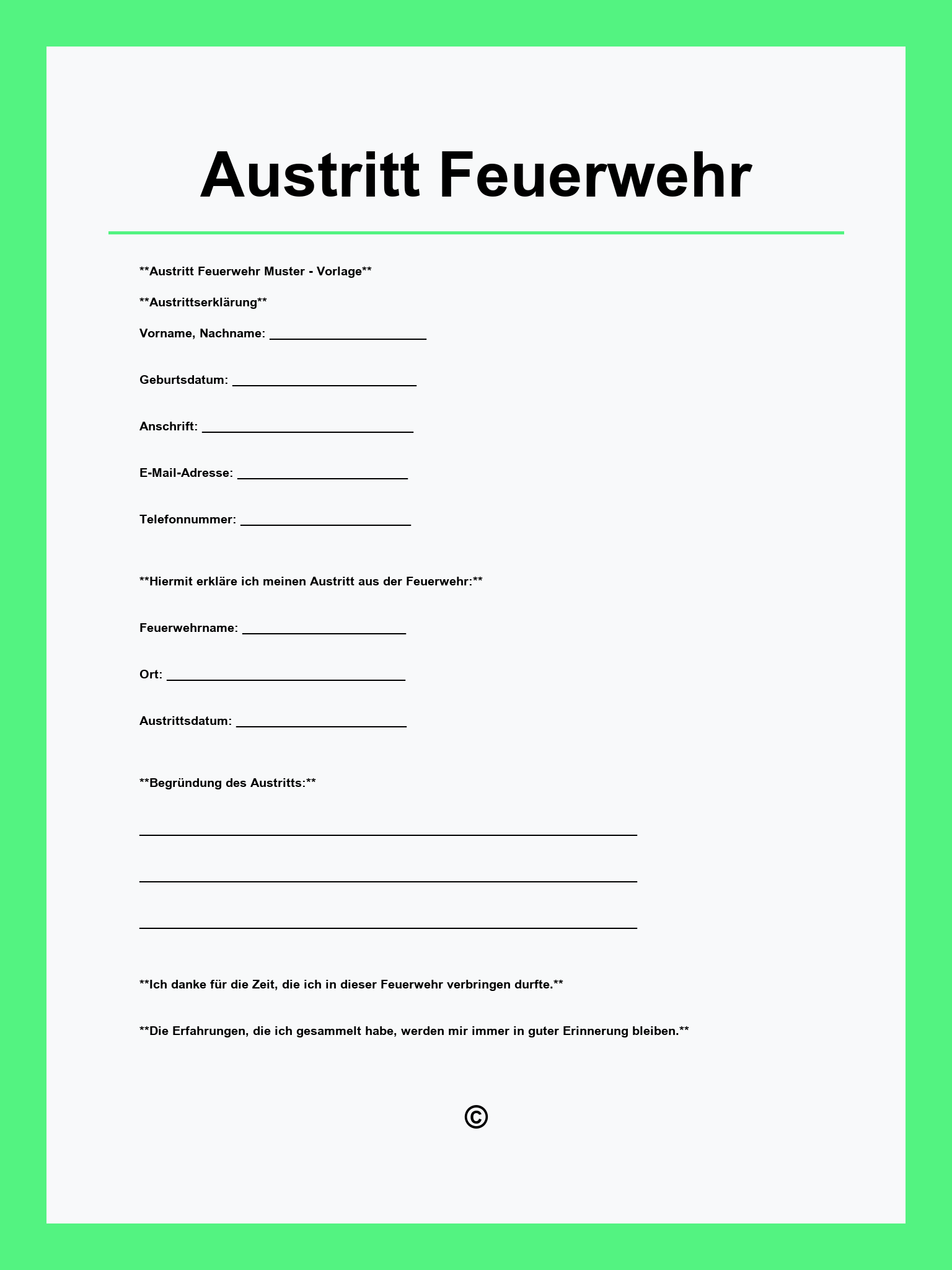 Austritt Feuerwehr Vorlage
