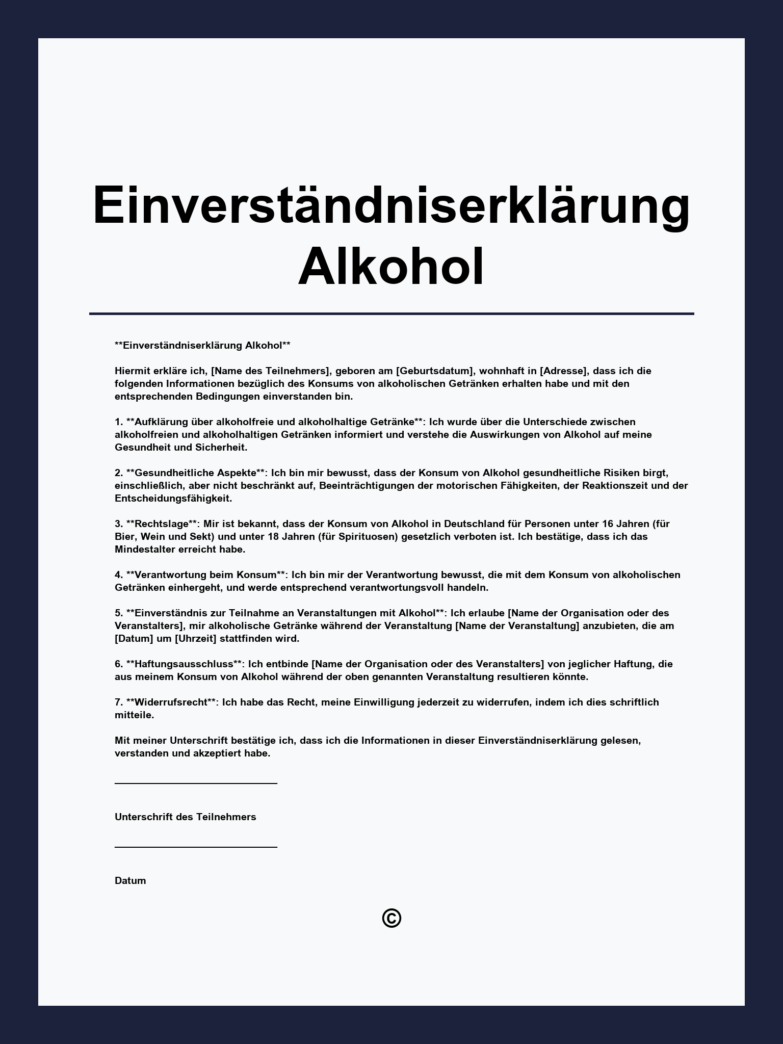 Einverständniserklärung Alkohol Vorlage