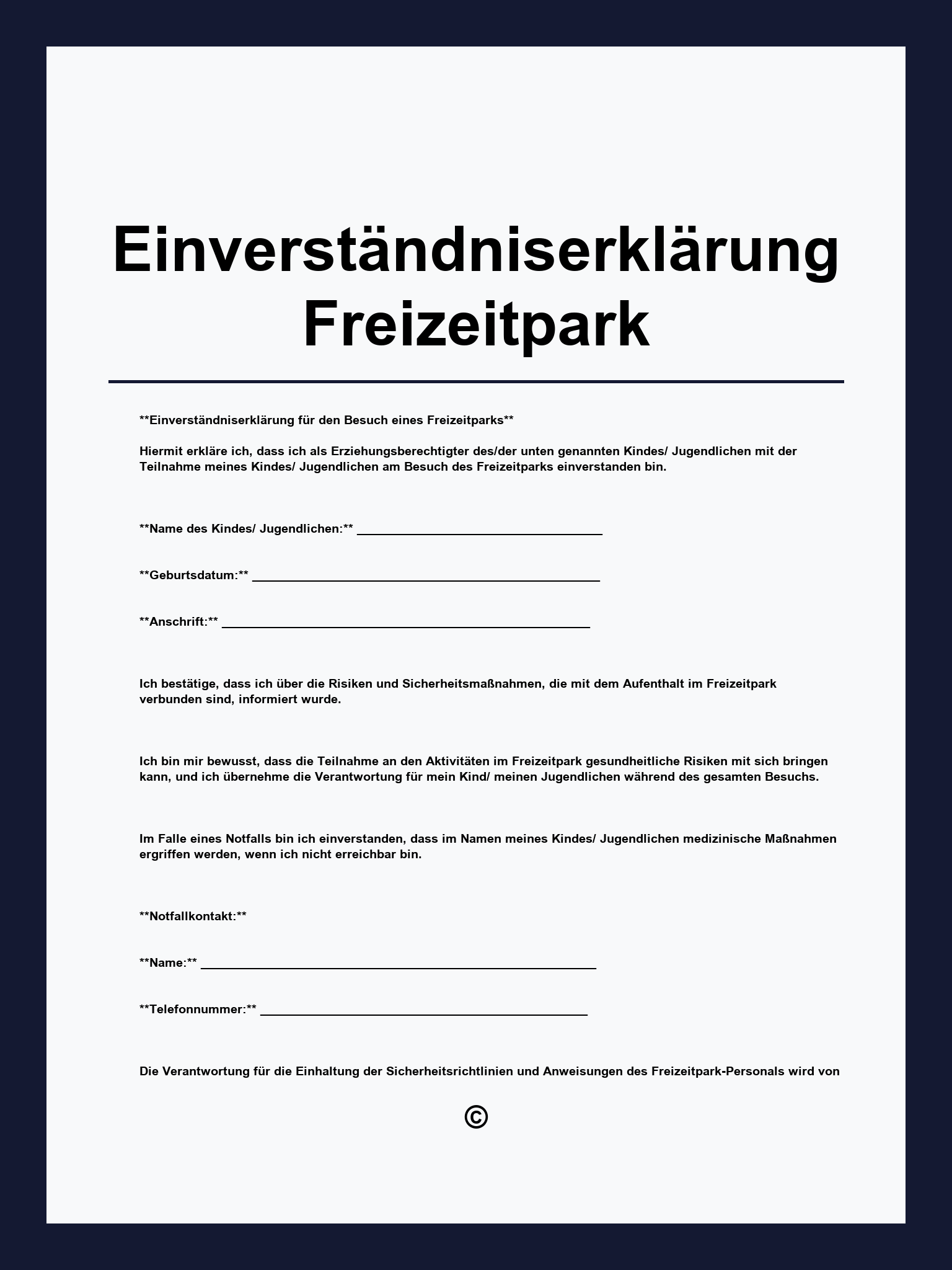 Einverständniserklärung Freizeitpark Muster