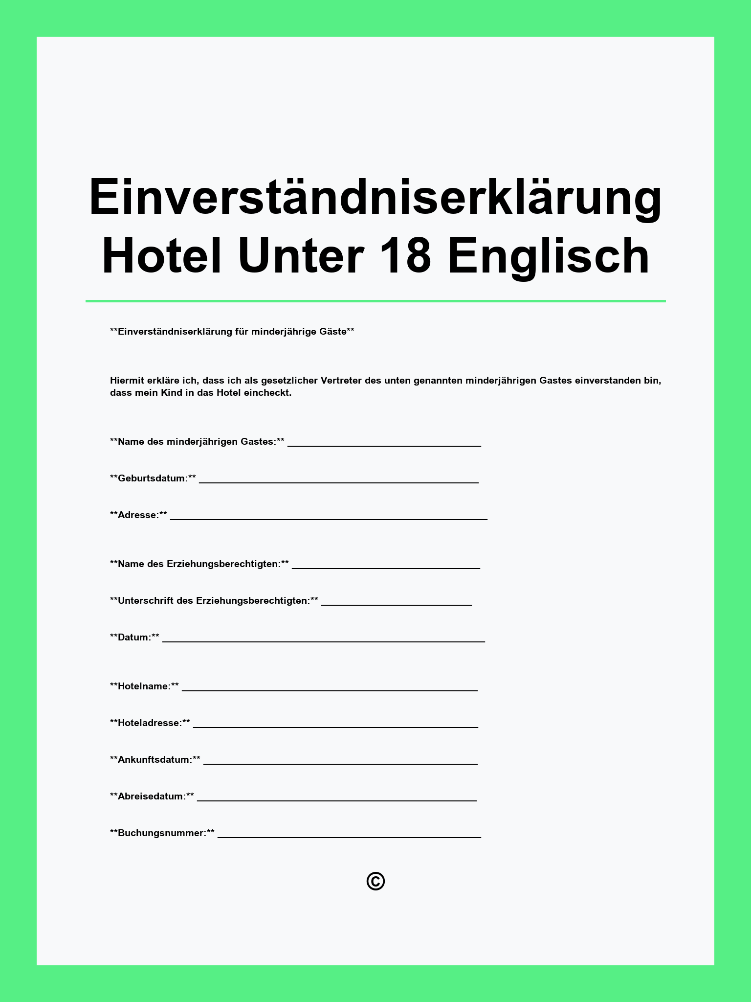 Einverständniserklärung Hotel Unter 18 Englisch