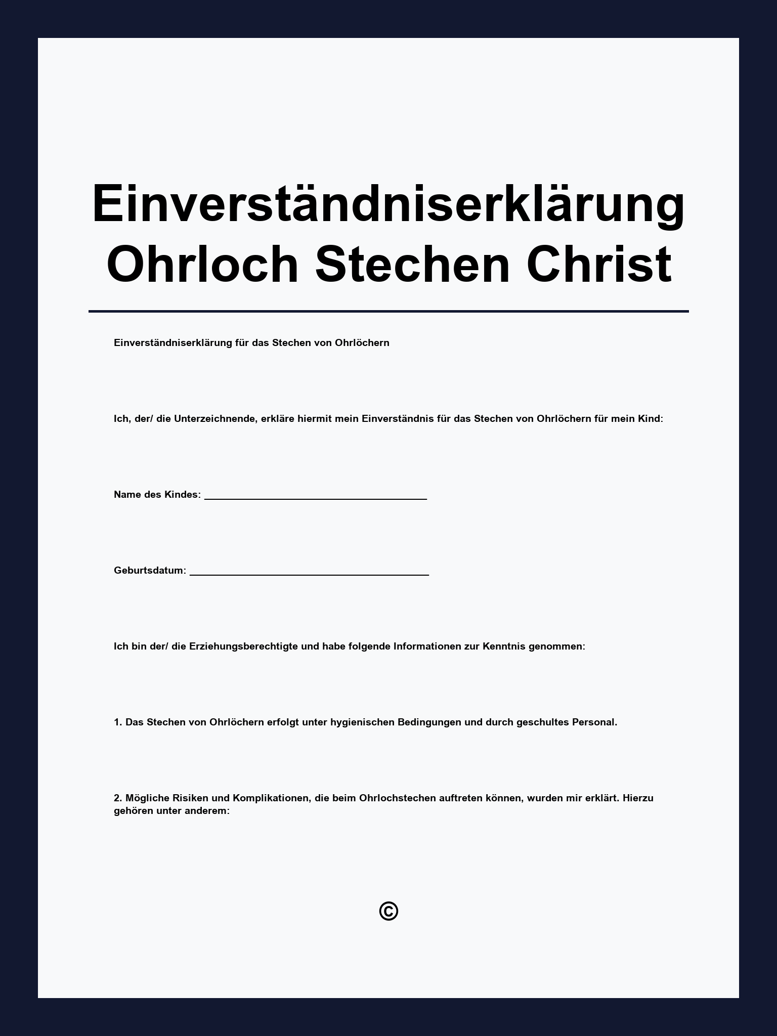 Einverständniserklärung Ohrloch Stechen Vordruck Christ