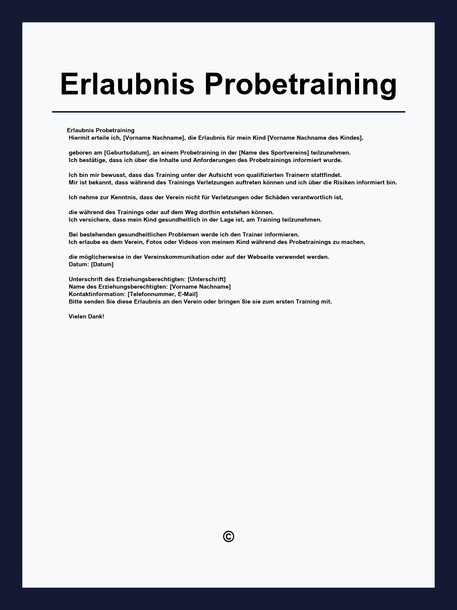Erlaubnis Probetraining Vorlage