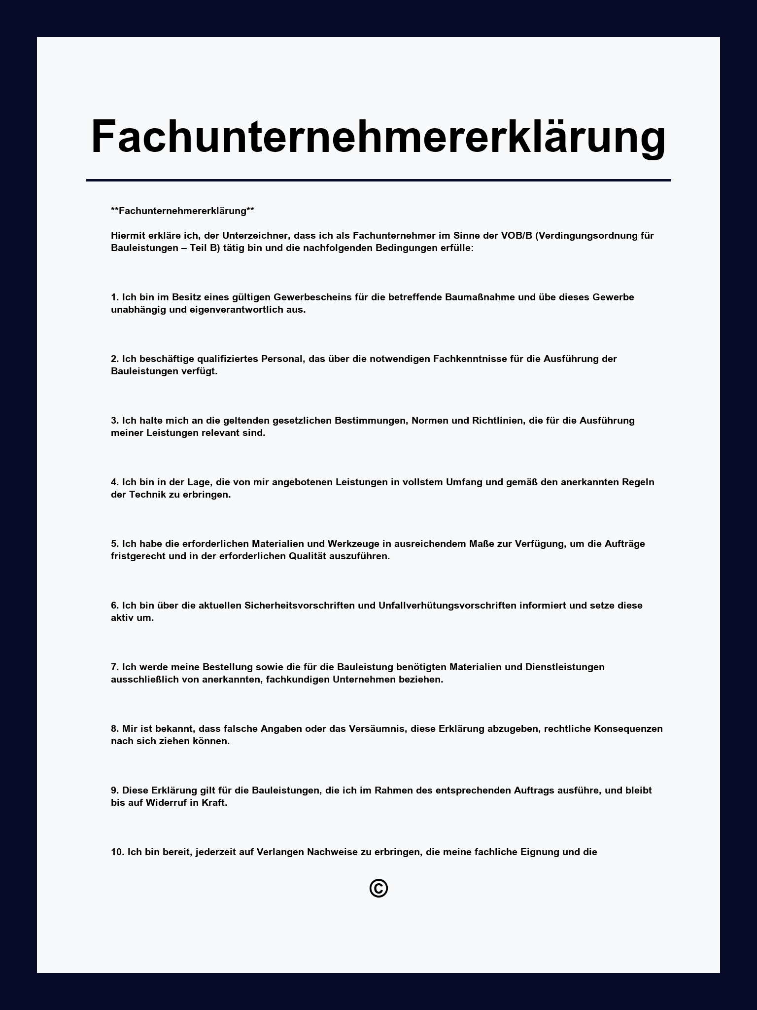 Fachunternehmererklärung Vorlage