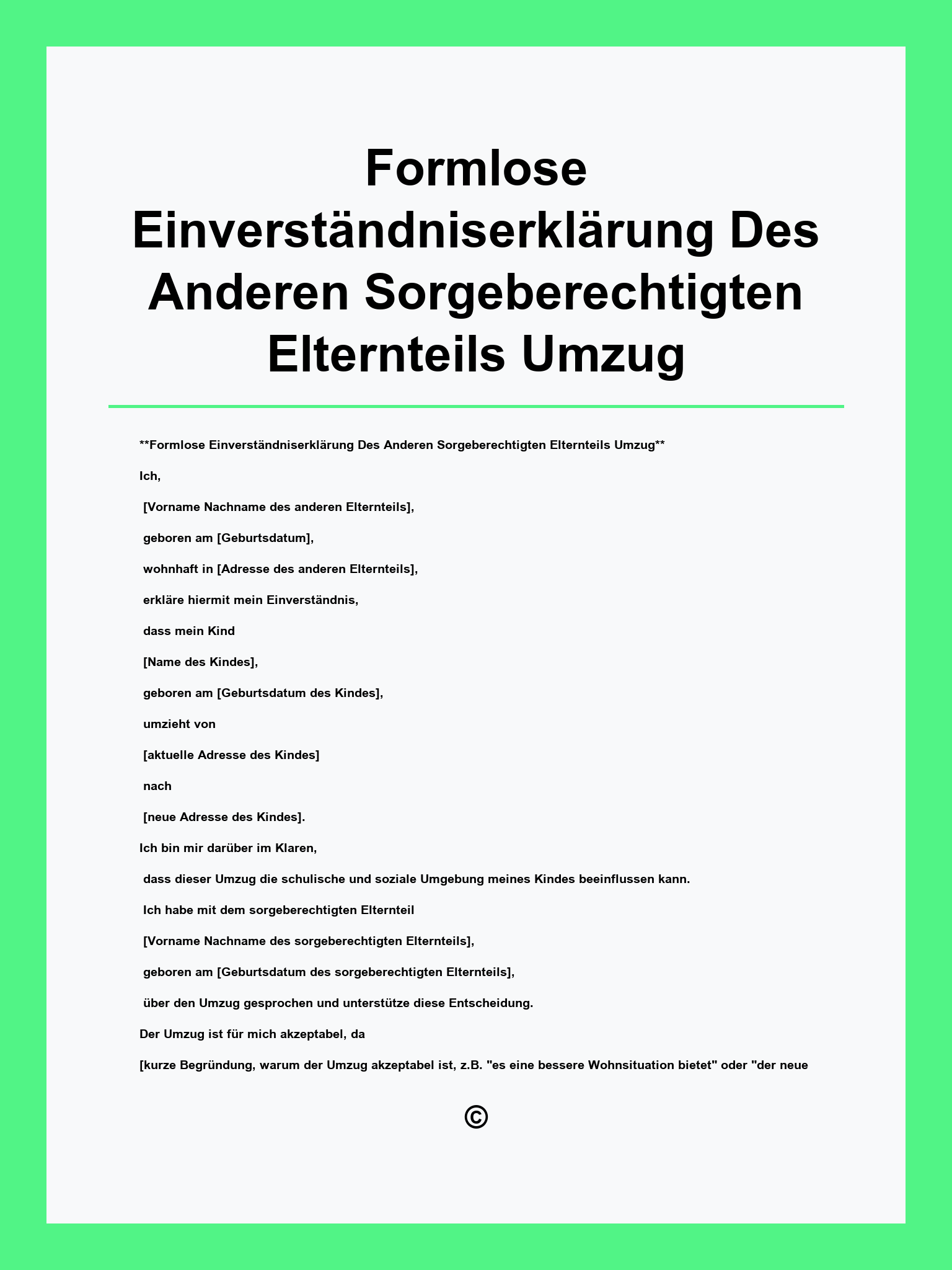 Formlose Einverständniserklärung Des Anderen Sorgeberechtigten Elternteils Umzug