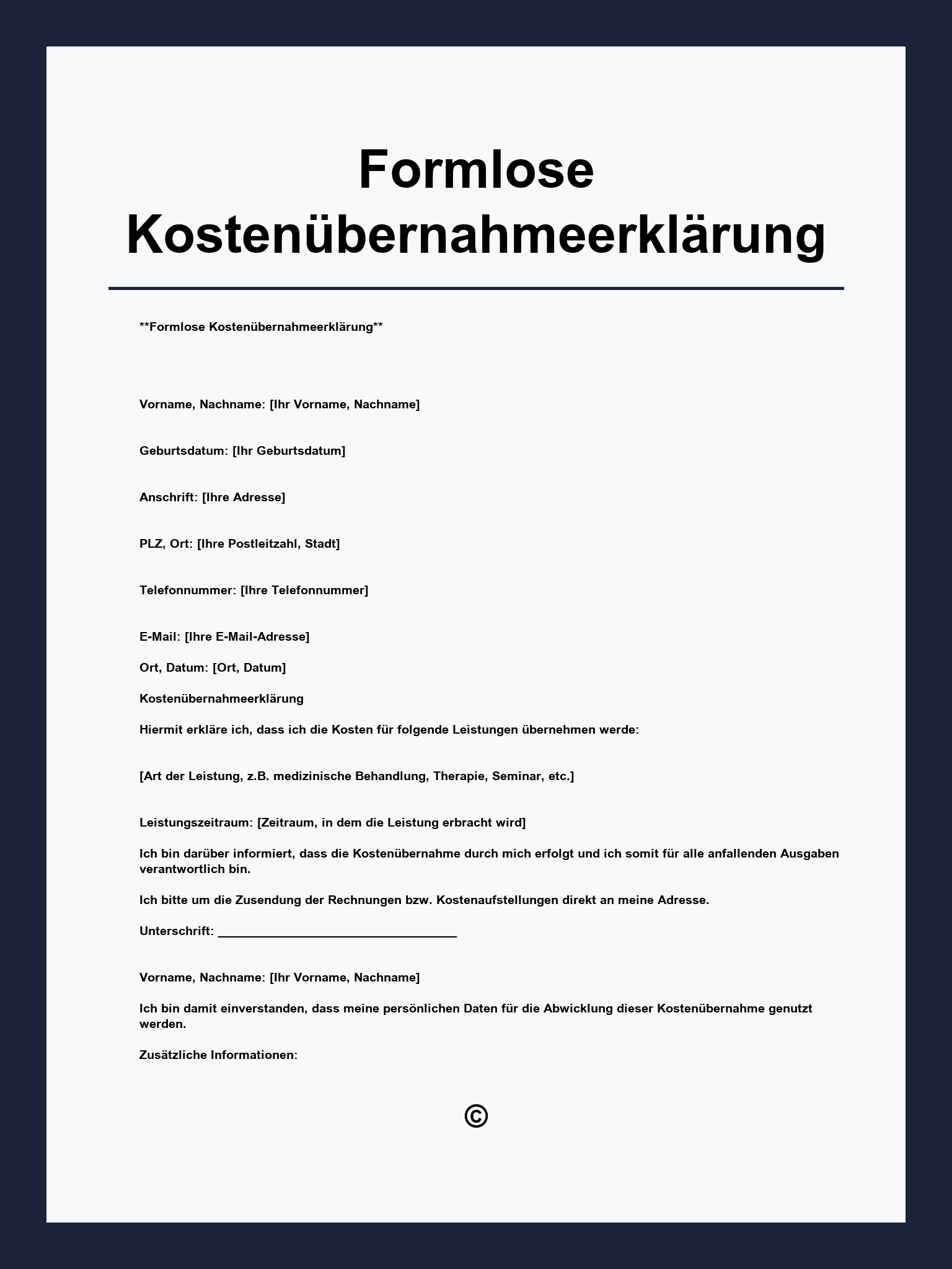 Formlose Kostenübernahmeerklärung Muster