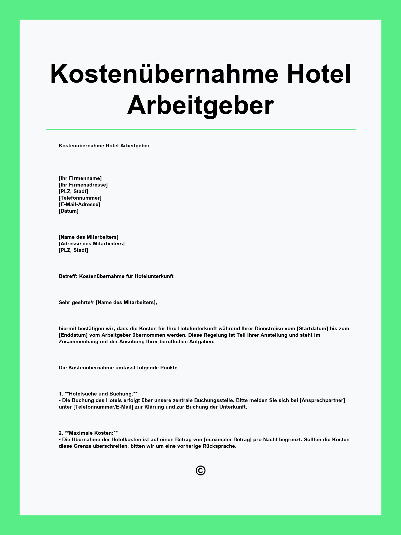 Vorlage Kostenübernahme Hotel Arbeitgeber