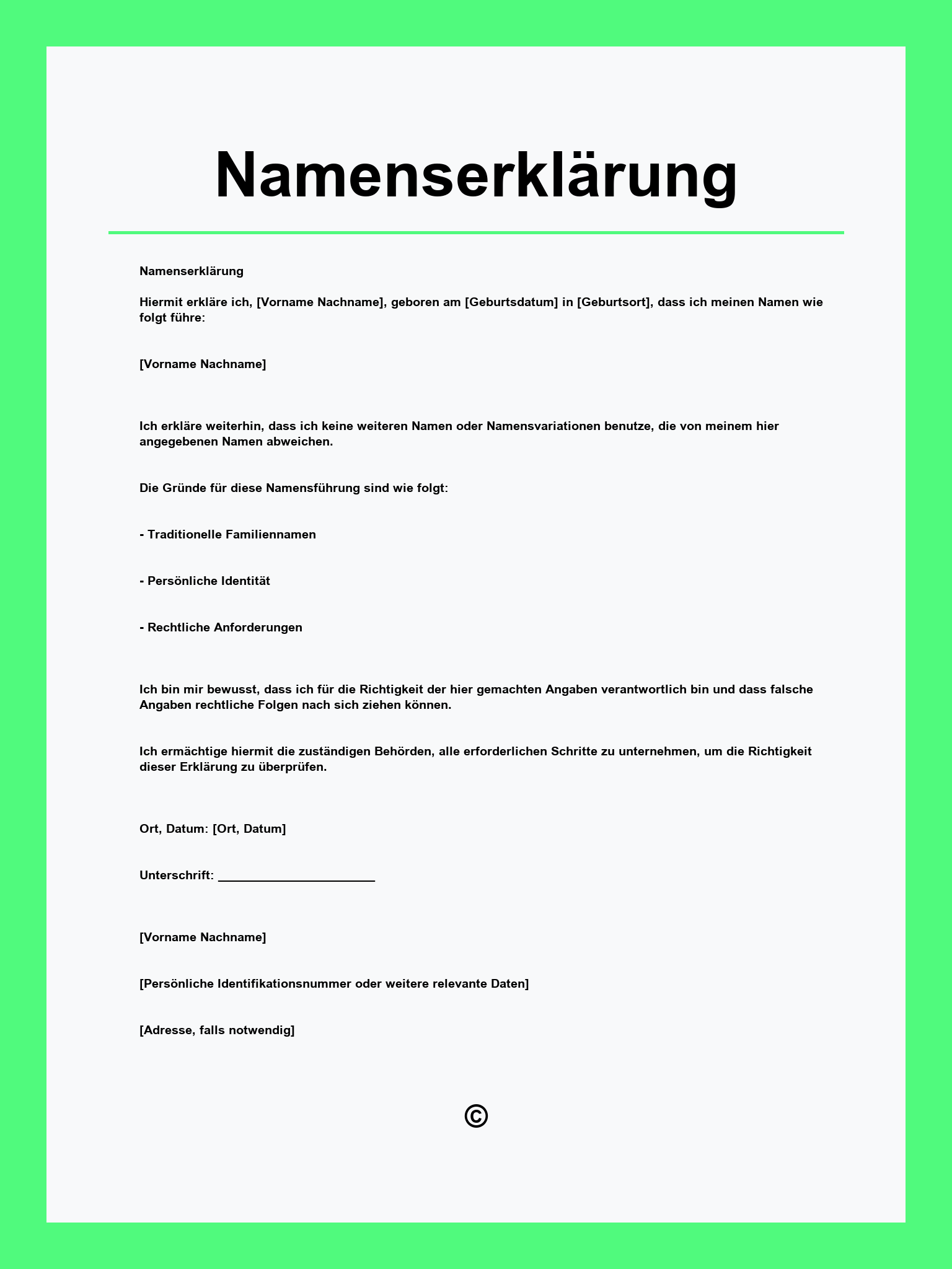 Namenserklärung Vorlage