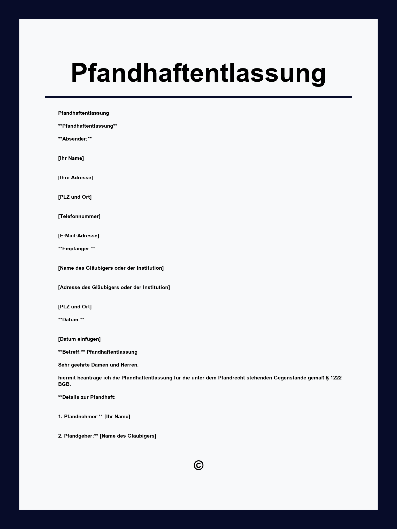 Pfandhaftentlassung Muster