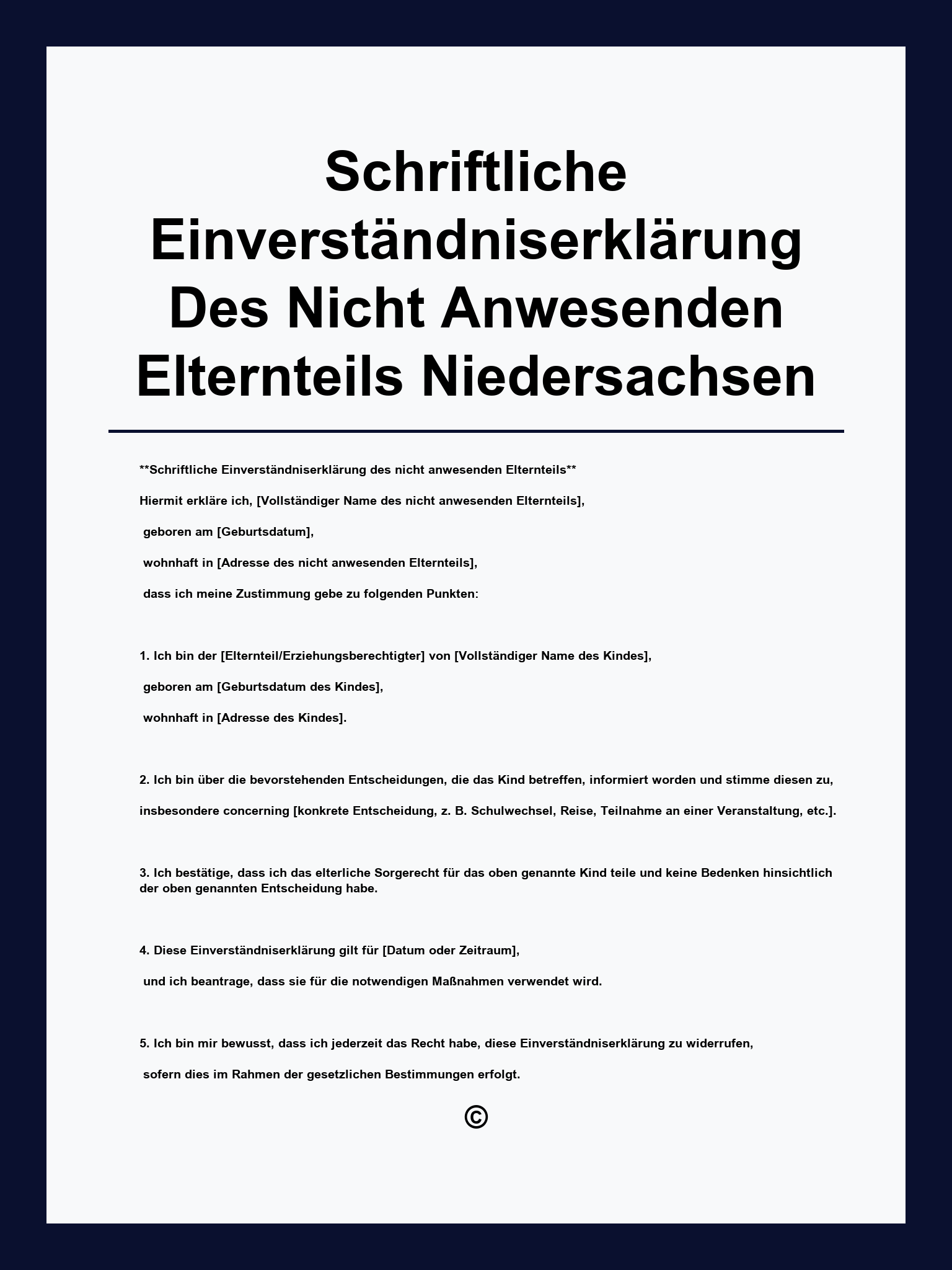 Schriftliche Einverständniserklärung Des Nicht Anwesenden Elternteils Vordruck Niedersachsen