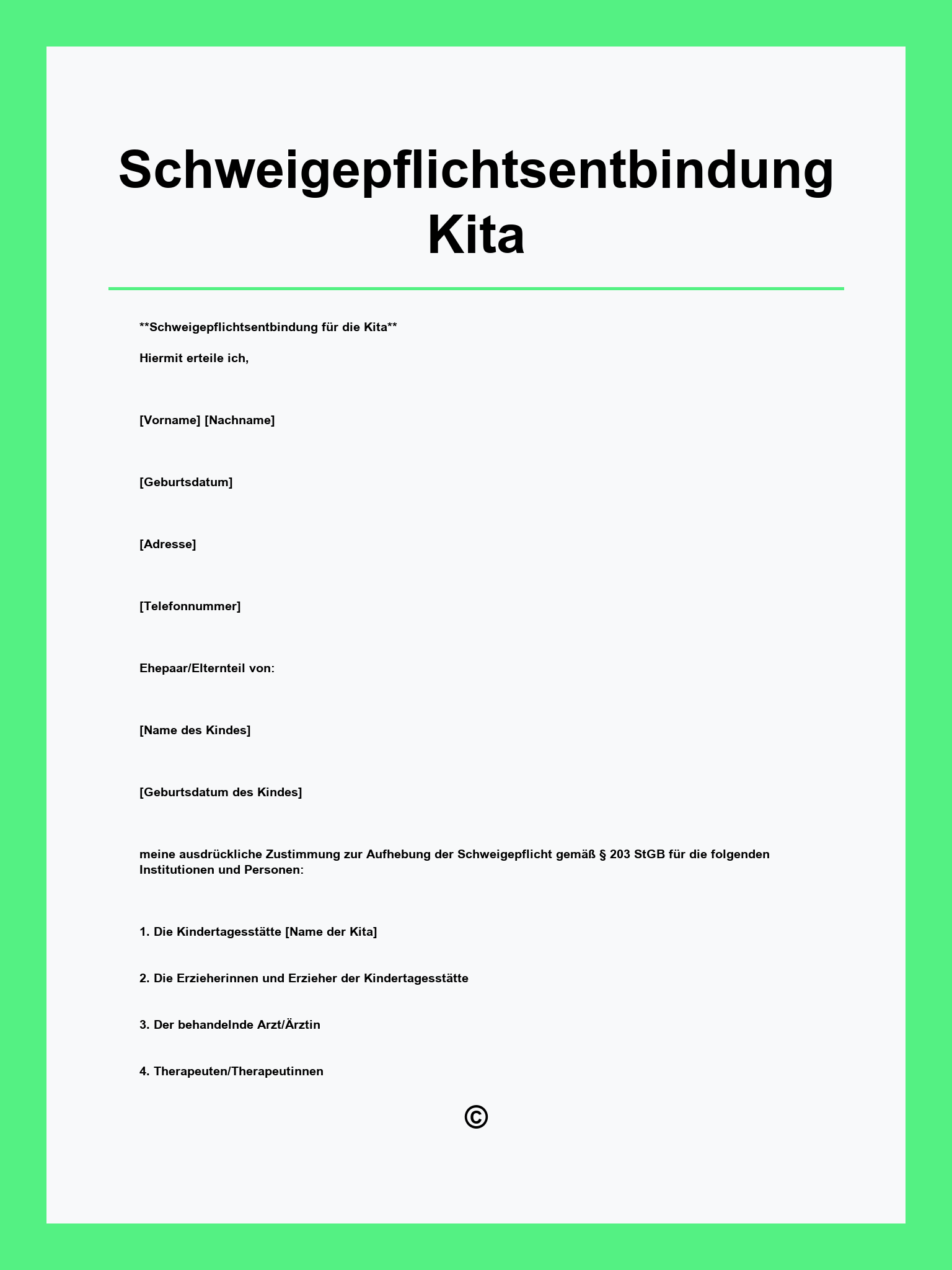 Schweigepflichtsentbindung Kita Vordruck