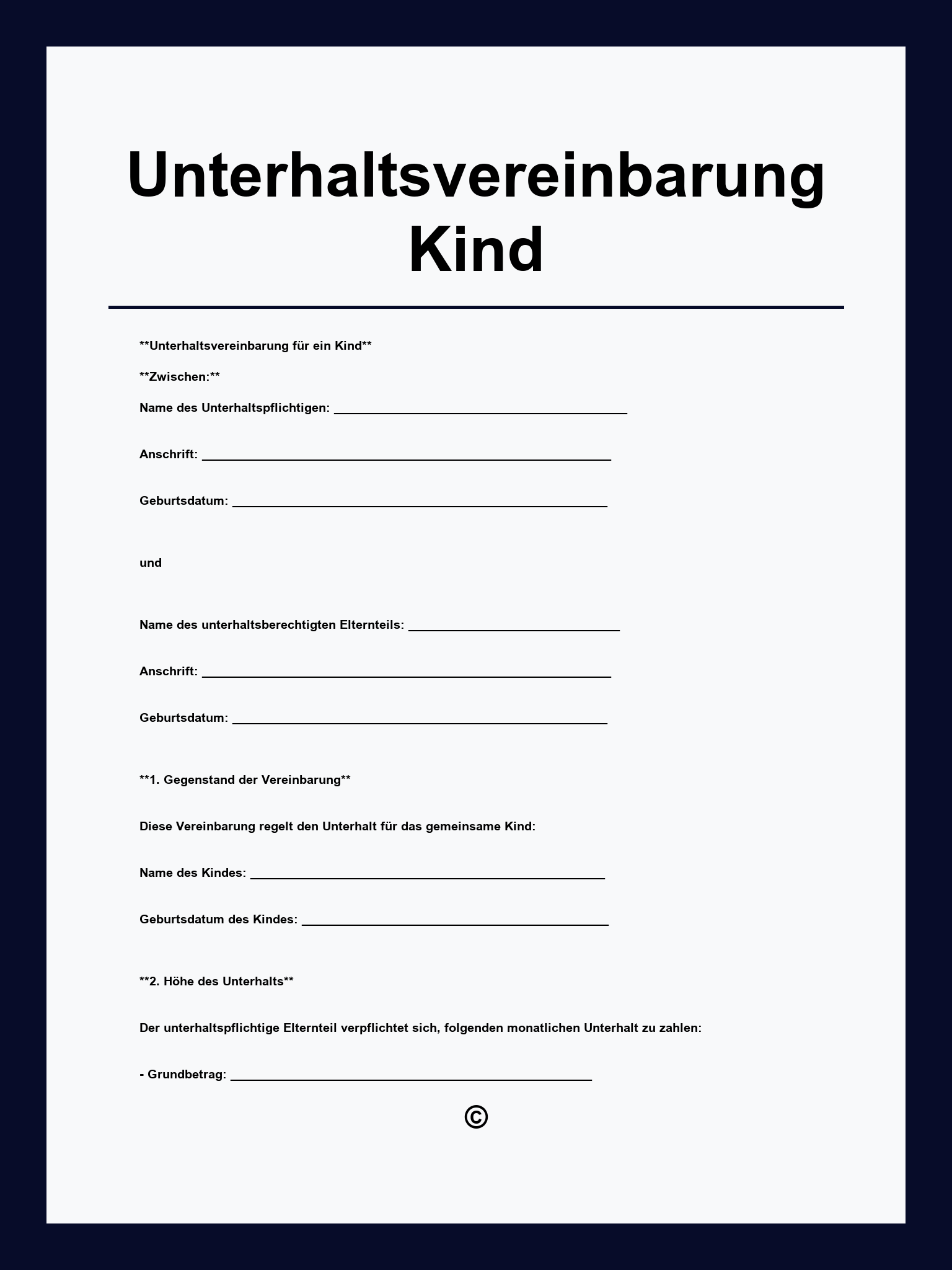 Unterhaltsvereinbarung Kind Muster