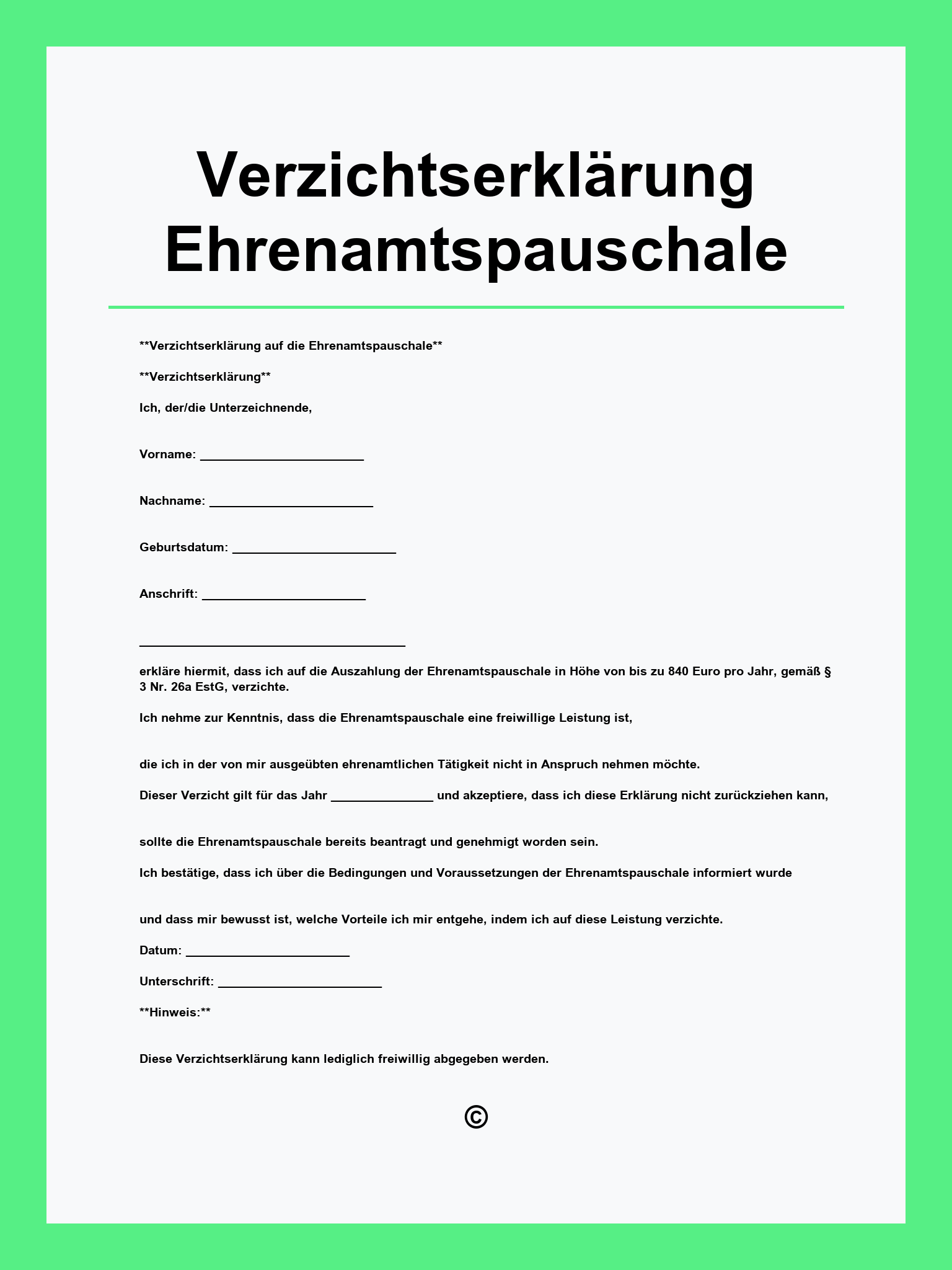 Verzichtserklärung Ehrenamtspauschale Muster