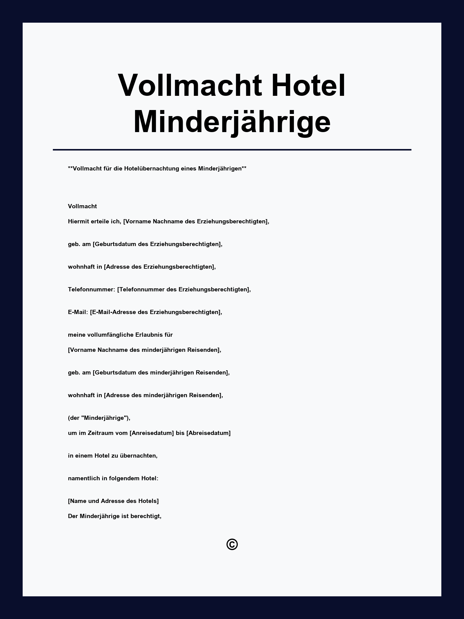 Vollmacht Hotel Minderjährige